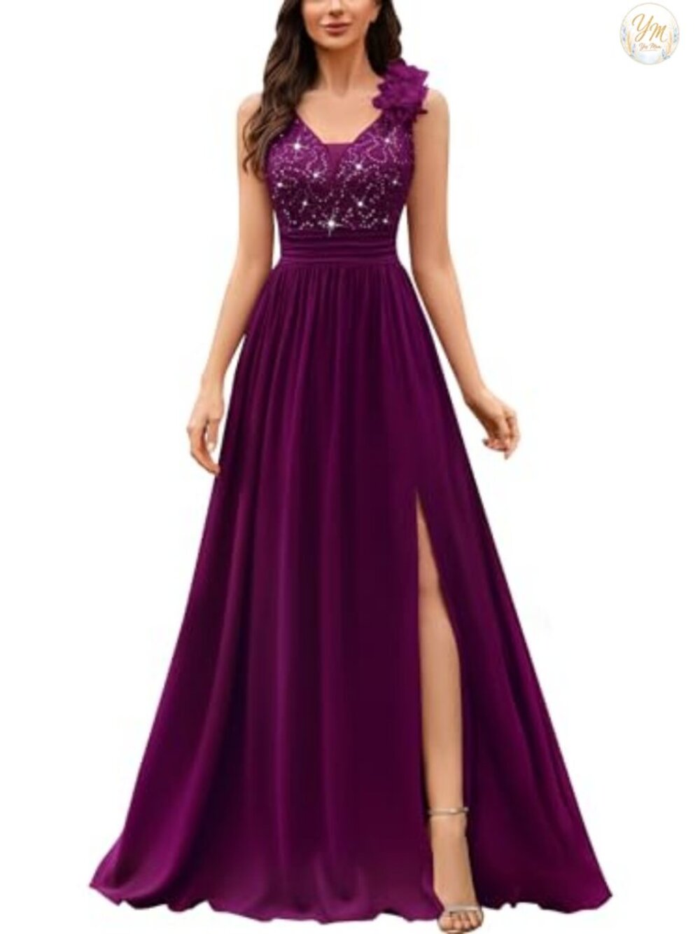 V-Neck Sequined Lace Evening Maxi Dress Sleeveless A-Line Formal